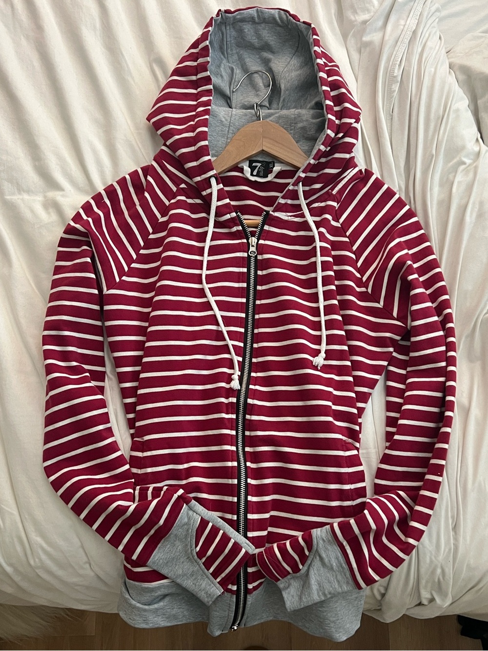 7 Degrees Dark Red/Striped Maroon Christmas Zip-Up Hoodie with Hood, Size XL